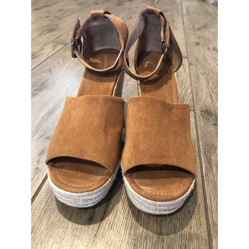 Espadrille Wedge Sz 10 Caramel‎ Brown Ankle Strap Sandal 3.5” Heel 1.5” platform - Picture 3 of 12